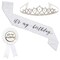 It&#x27;s My Birthday Sash, Silver Rhinestone Tiara Crown, Ribbon Badge Pin for Women (White, 3 Piece Set)